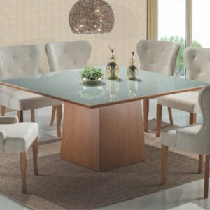 CONJUNTO MESA ANTONIE COM VIDRO C/ 8 CADEIRAS (QUADRADA)