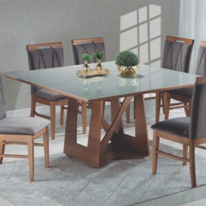CONJUNTO MESA BERLA C/ 8 CADEIRAS COM VIDRO (QUADRADA)