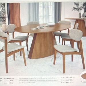 MESA MILENA OVAL 180 x130x78 COM CADEIRA BETINA / APARADOR OLIVIA MADEIRA AMENDOA LAMINA PAU DE FERRO